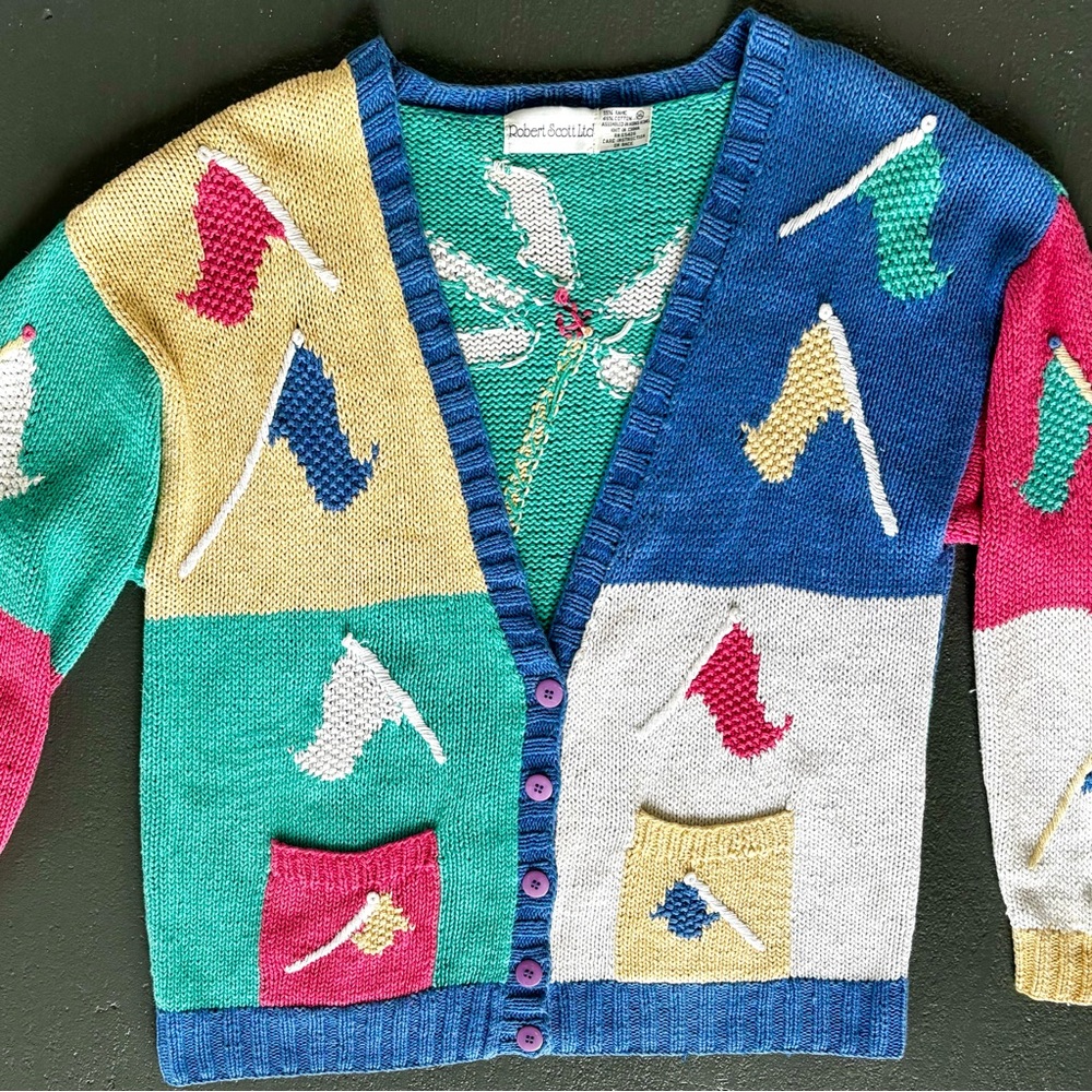 ROBERT SCOTT LTD Ugly Sweater Colorblock V-Neck Tropical Golf Hand Knit Cardigan